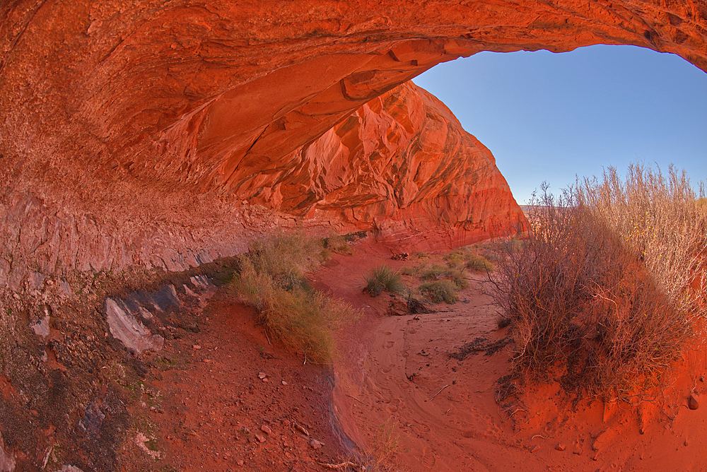 The overhang of a sandstone mesa, a fossilized sand dune, at Ferry Swale in the Glen Canyon Recreation Area near Page, Arizona, United States of America, North America