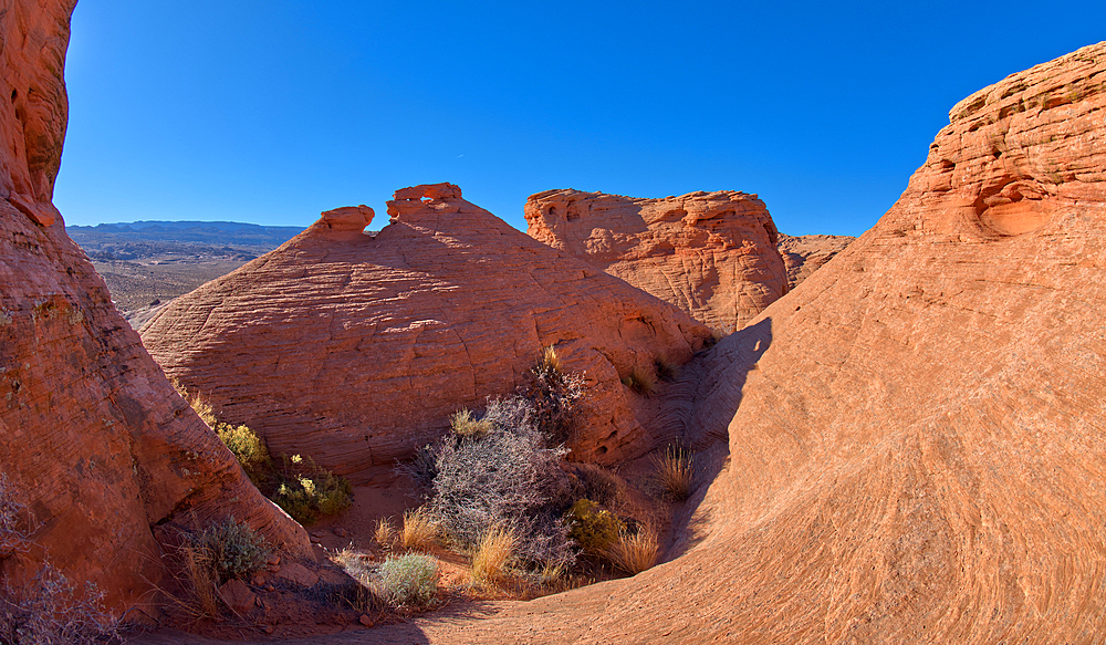 A rock island with a little rock window on its top called the Tea Pot Arch at Ferry Swale in the Glen Canyon Recreation Area near Page, Arizona, United States of America, North America