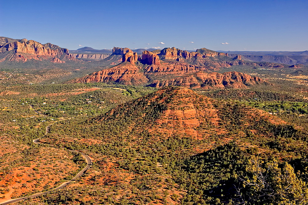 View of Sedona and Cathedral Rock from the summit of Scheurman Mountain, Sedona, Arizona, United States of America, North America