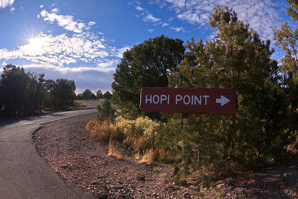 A sign marking the one way entrance to Hopi Point from Hermit Road at Grand Canyon, Arizona, United States of America, North America