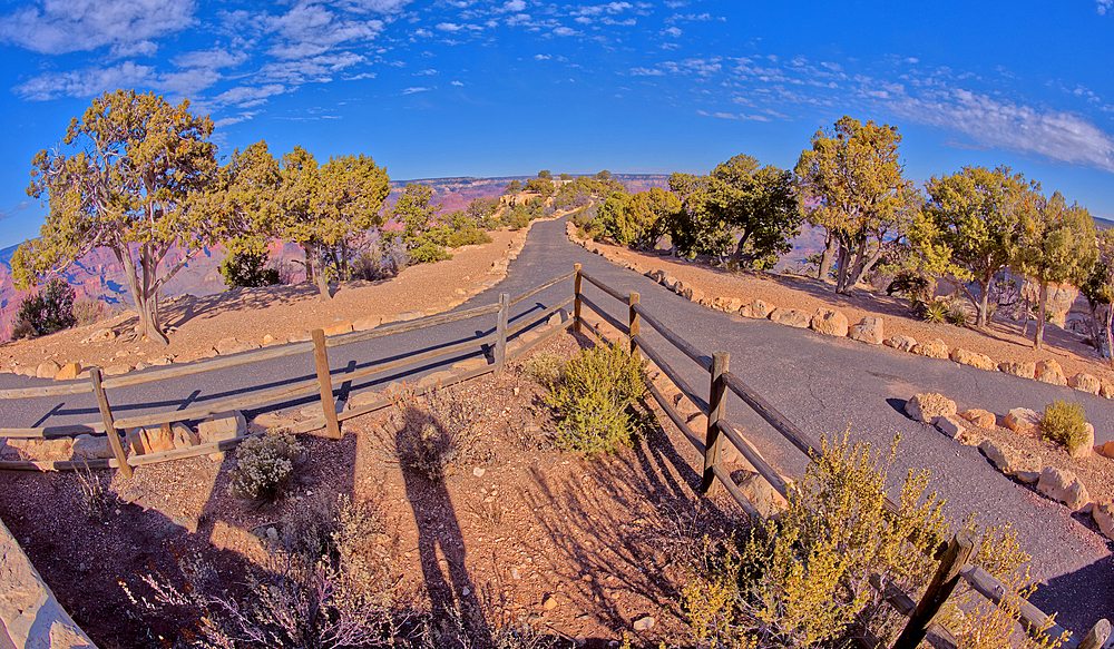 The divided paved entry pathway to the Powell Memorial from the parking lot off Hermit Road, Grand Canyon, Arizona, United States of America, North America