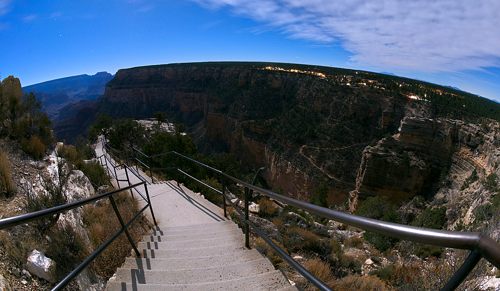 Steps leading down to Trailview Overlook under moonlight, Grand Canyon, Arizona, United States of America, North America