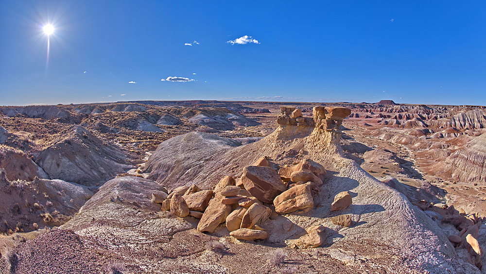 A solitary rock hoodoo in the purple badlands near Hamilili Point on the south end of Petrified Forest National Park, Arizona, United States of America, North America