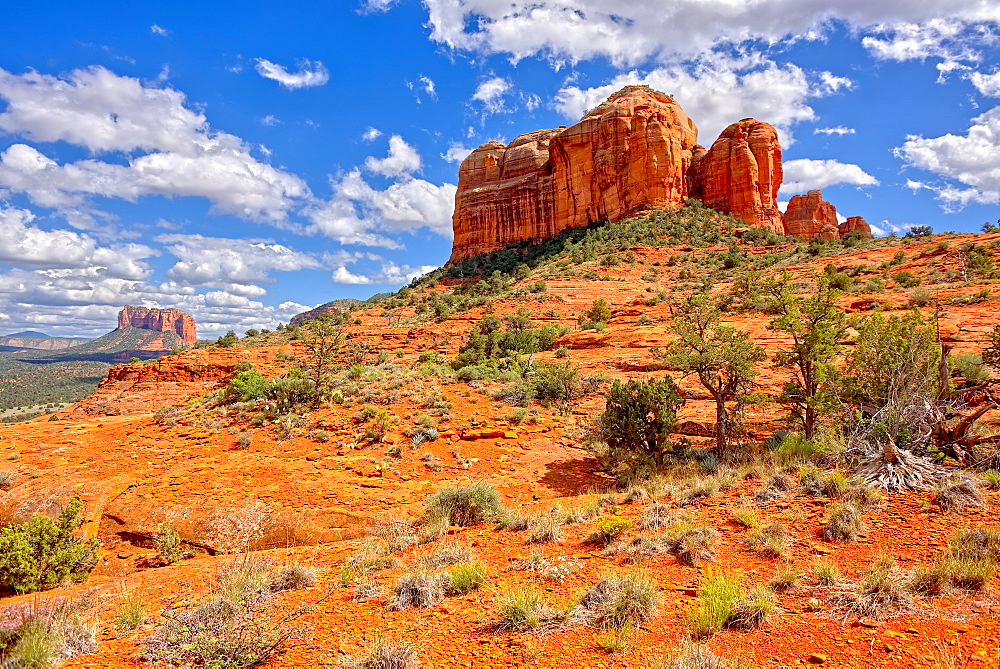 View of Cathedral Rock and Courthouse Butte in Sedona from the northwest slope of Cathedral Rock, Arizona, United States of America, North America