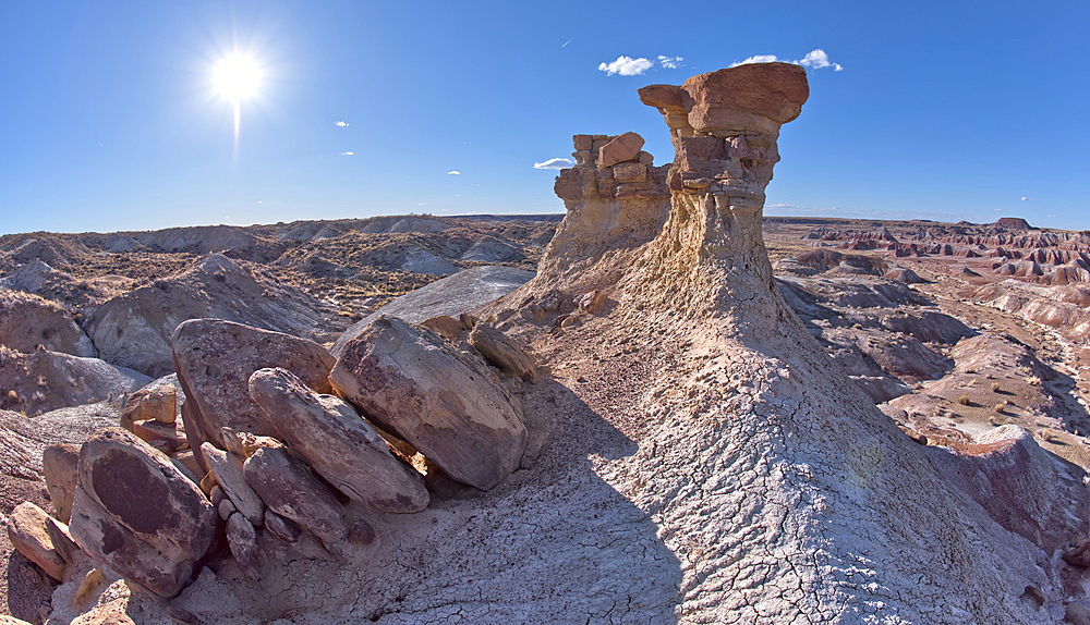 A solitary rock hoodoo in the purple badlands near Hamilili Point on the south end of Petrified Forest National Park, Arizona, United States of America, North America