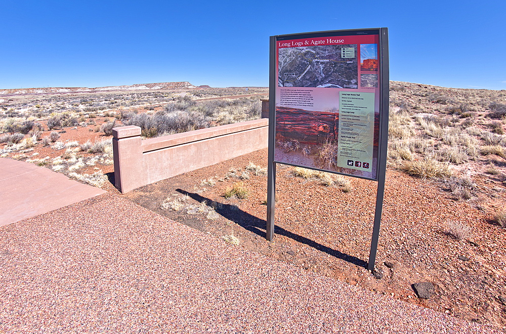 The map sign at the gateway for the Long Logs Trail and Agate House in Petrified Forest National Park, Arizona, United States of America, North America