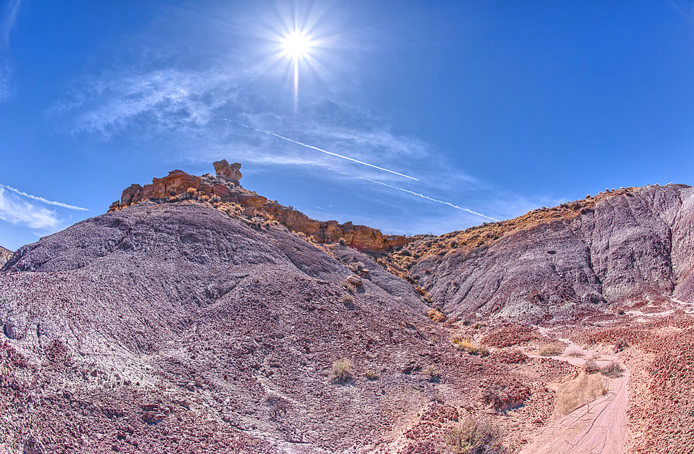 View from below a ridge that overlooks the Jim Camp Wash on the south end of Petrified Forest National Park, Arizona, United States of America, North America