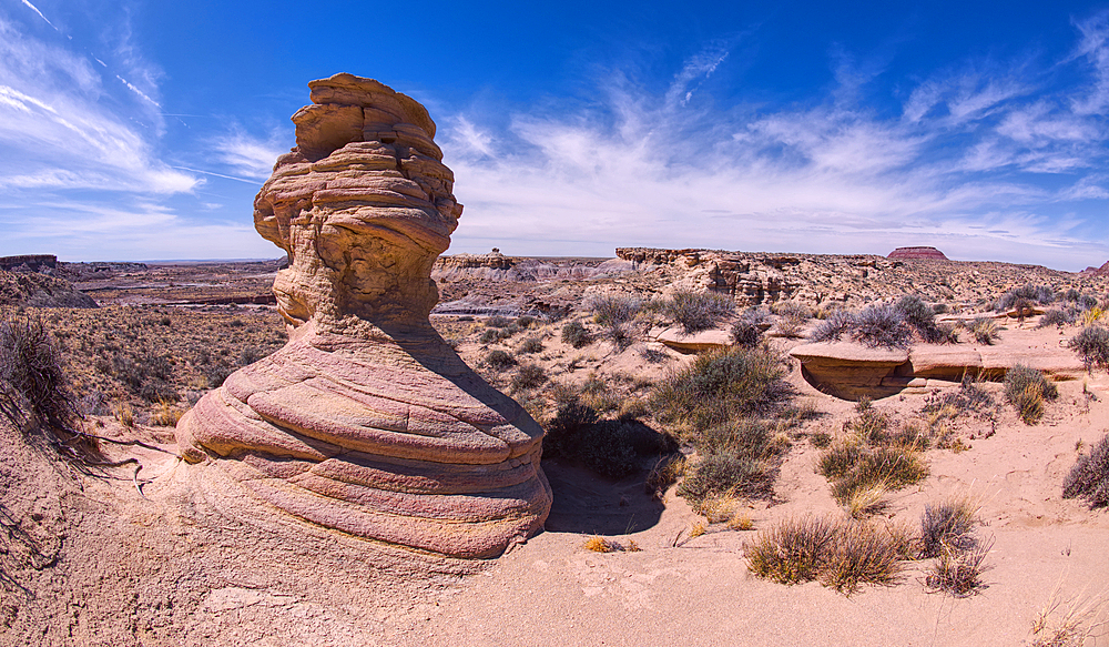 A hoodoo called the Zuni Warrior on the edge of a cliff near Hamilili Point, Hamilili is Zuni meaning petrified wood, Petrified Forest National Park, Arizona, United States of America, North America