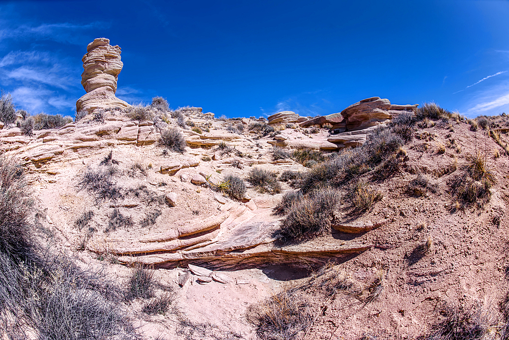 A dry waterfall on the west side of Hamilili Point, Hamilili being a Zuni word for petrified wood, next to a hoodoo on the south end of Petrified Forest National Park, Arizona, United States of America, North America