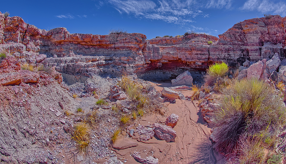 A dry waterfall in Crystal Creek below Crystal Mesa west of Hamilili Point in Petrified Forest National Park, Arizona, United States of America, North America