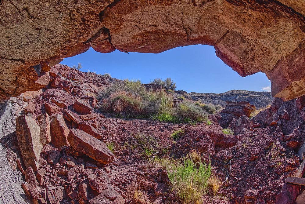 A cliff cave below Crystal Mesa west of Hamilili Point in Petrified Forest National Park, Arizona, United States of America, North America