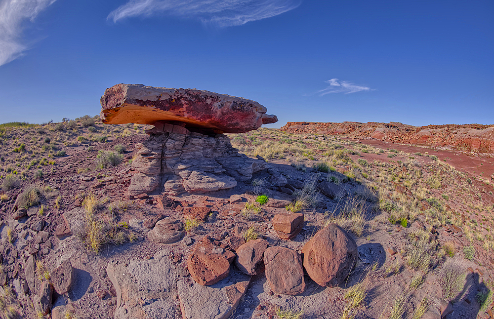 A rock table sculpted by the wind on Crystal Mesa west of Hamilili Point in Petrified Forest National Park, Arizona, United States of America, North America