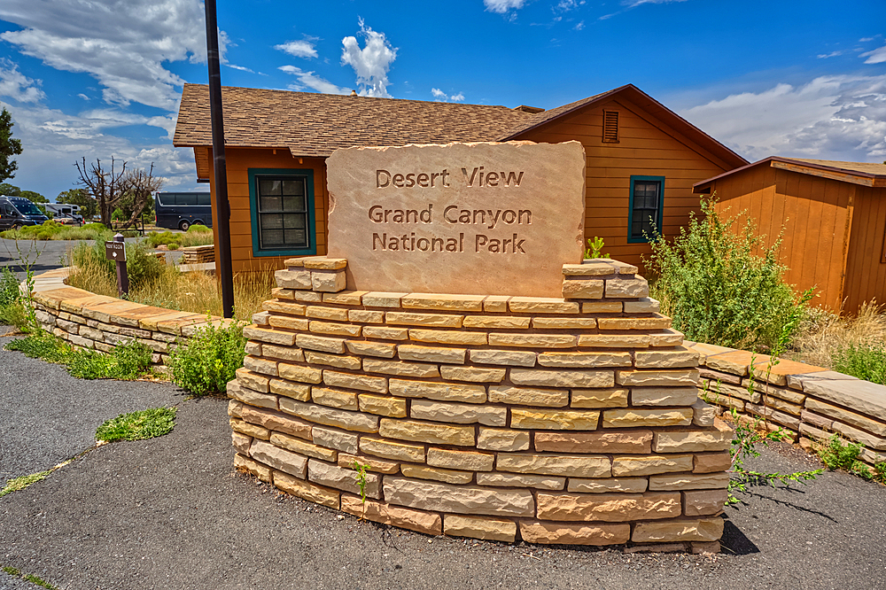 The welcome sign for Desert View Point on the east side of Grand Canyon South Rim, UNESCO World Heritage Site, Arizona, United States of America, North America