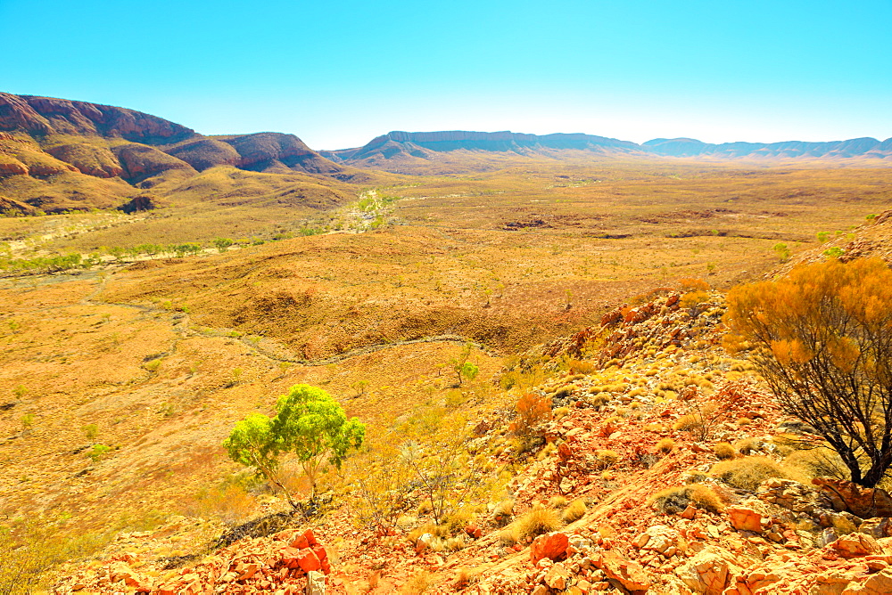 Aerial view from viewpoint of Ormiston Pound walk, a circular walk in West MacDonnell Ranges National Park, with Mount Sonder in the background, Outback, Northern Territory, Australia, Pacific