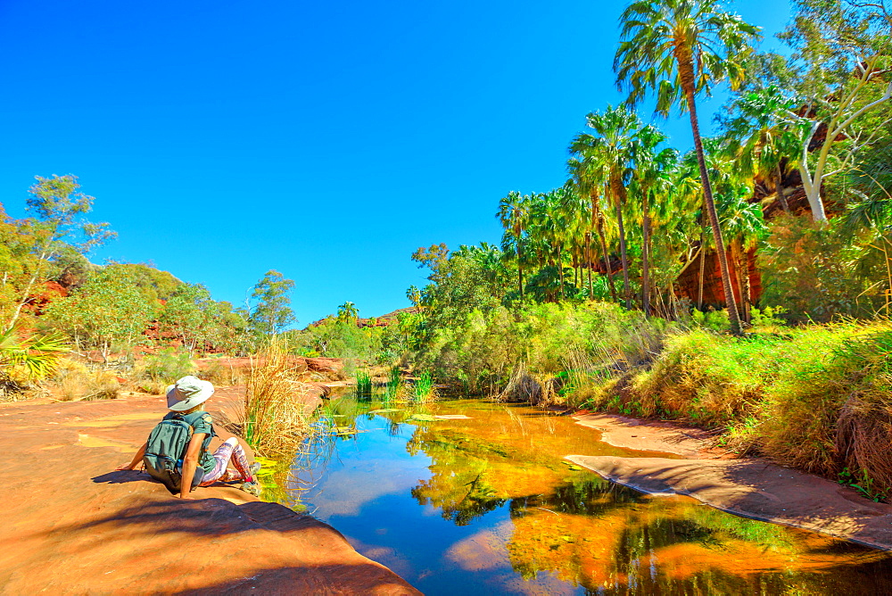 Tourist woman relaxing after trekking along Arankaia Walk in the heart of Palm Valley Oasis waterhole, Finke Gorge National Park, Outback, Northern Territory, Central Australia, Australia, Pacific