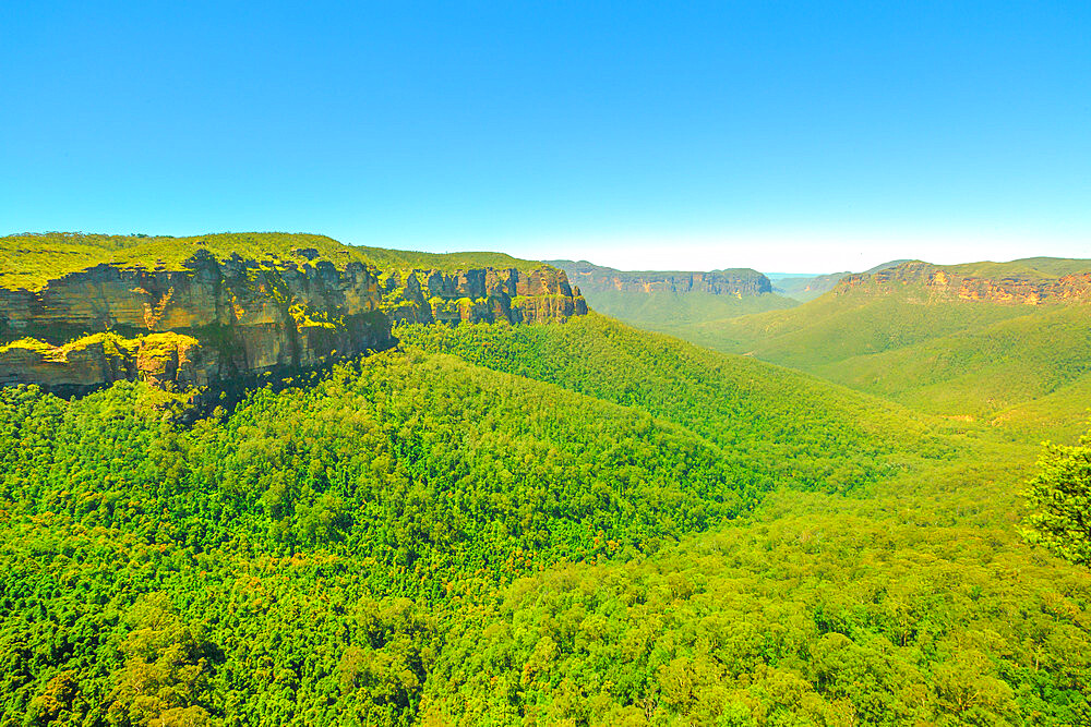 Aerial view of Govetts Leap Lookout, Blackheath area, Blue Mountains National Park near Sydney, New South Wales, Australia, Pacific