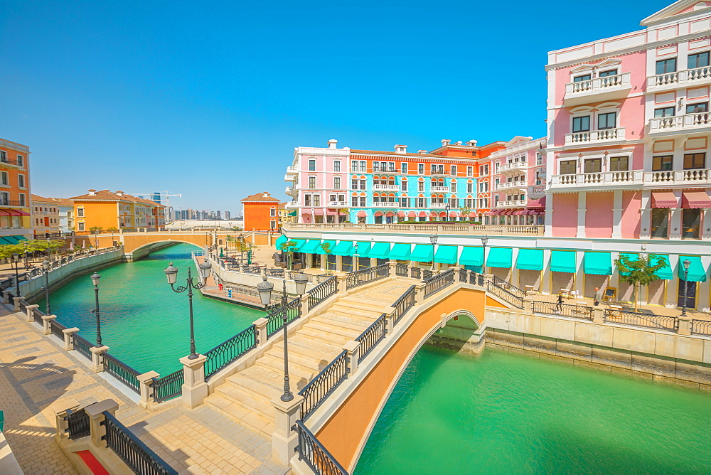 Two bridges in Venice Doha at Qanat Quartier in the Pearl-Qatar, Persian Gulf, Doha, Qatar, Middle East