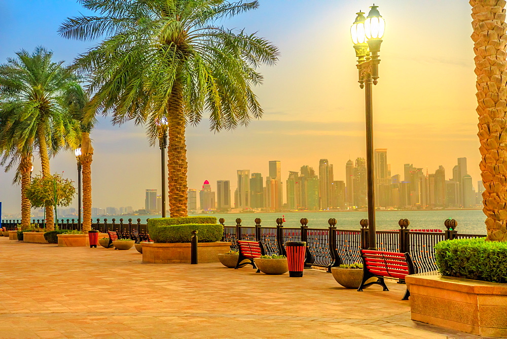 Benches and palm trees along marina walkway in Porto Arabia at the Pearl-Qatar, with skyscrapers of West Bay skyline illuminated at blue hour, Doha, Qatar, Middle East