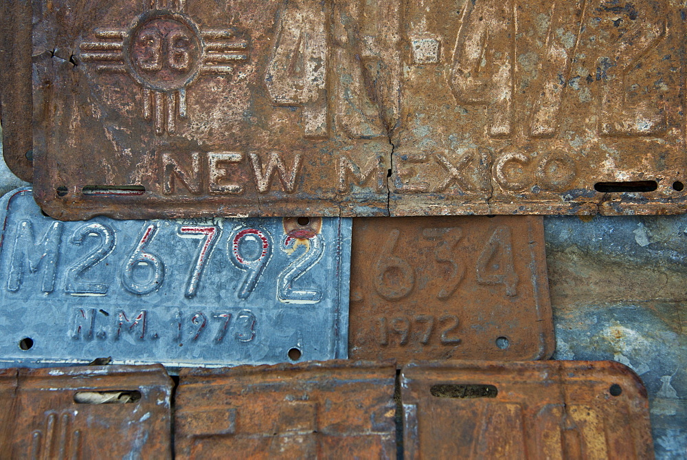 Vintage license plates in Embudo, Gas station museum, Embudo, New Mexico, United States of America, North America