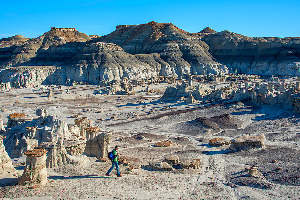 Hiking around hoodoo sandstone formations in Bisti/De-Na-Zin Wilderness, New Mexico, United States of America, North America