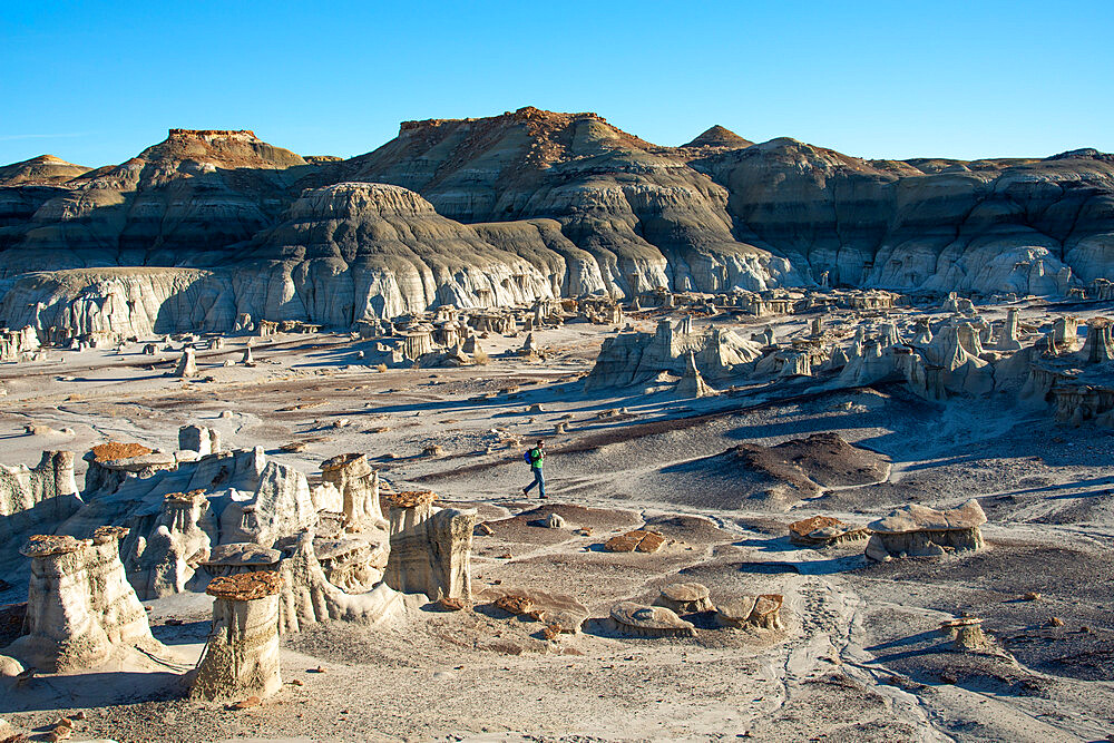 Hiking around hoodoo sandstone formations in Bisti/De-Na-Zin Wilderness, New Mexico, United States of America, North America