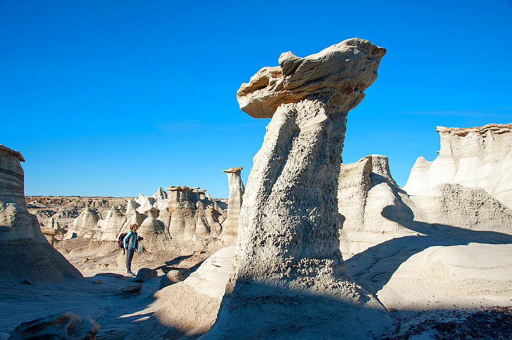 Hiking around hoodoo sandstone formations in Bisti/De-Na-Zin Wilderness, New Mexico, United States of America, North America