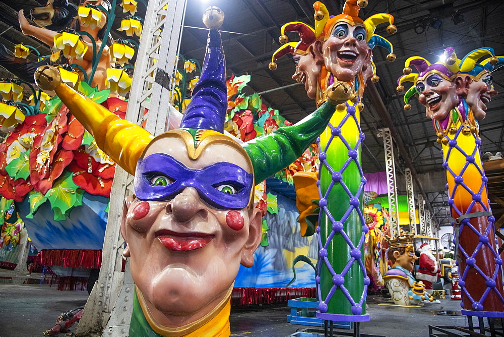 Clown figures that will appear on a Mardis Gras parade float, New Orleans, Louisiana, United States of America, North America