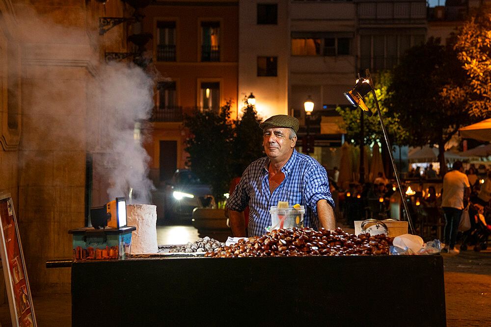 Chestnut vendor in Seville, Andalucia, Spain, Europe