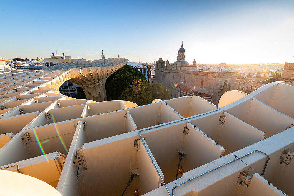 City skyline with the Metropol Parasol (Las Setas de Sevilla) in the foreground, Seville, Andalusia, Spain, Europe