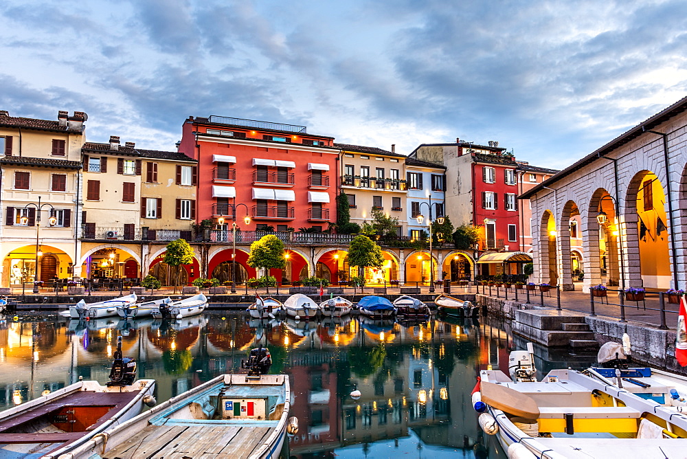 Sunset over marina at Lake Garda in Desenzano del Garda, Lombardy, Italy, Europe