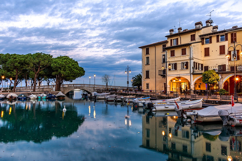 Sunset over marina at Lake Garda in Desenzano, Lombardy, Italy, Europe