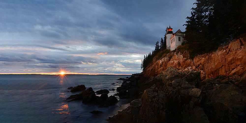 Bass Harbor Headlight at sunset, Maine, New England, United States of America, North America