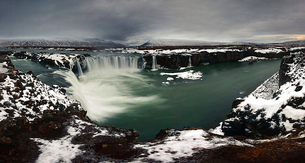 Panorama image of Godafoss waterfall, Iceland, Polar Regions