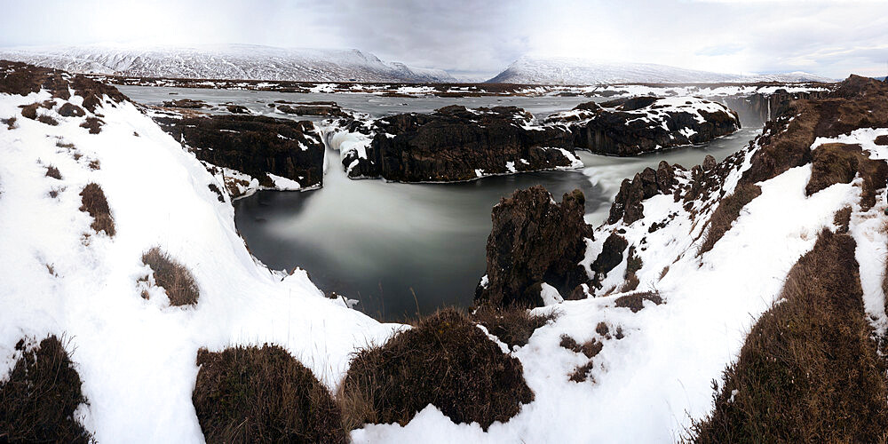 Panorama image of Godafoss waterfall, Iceland, Polar Regions