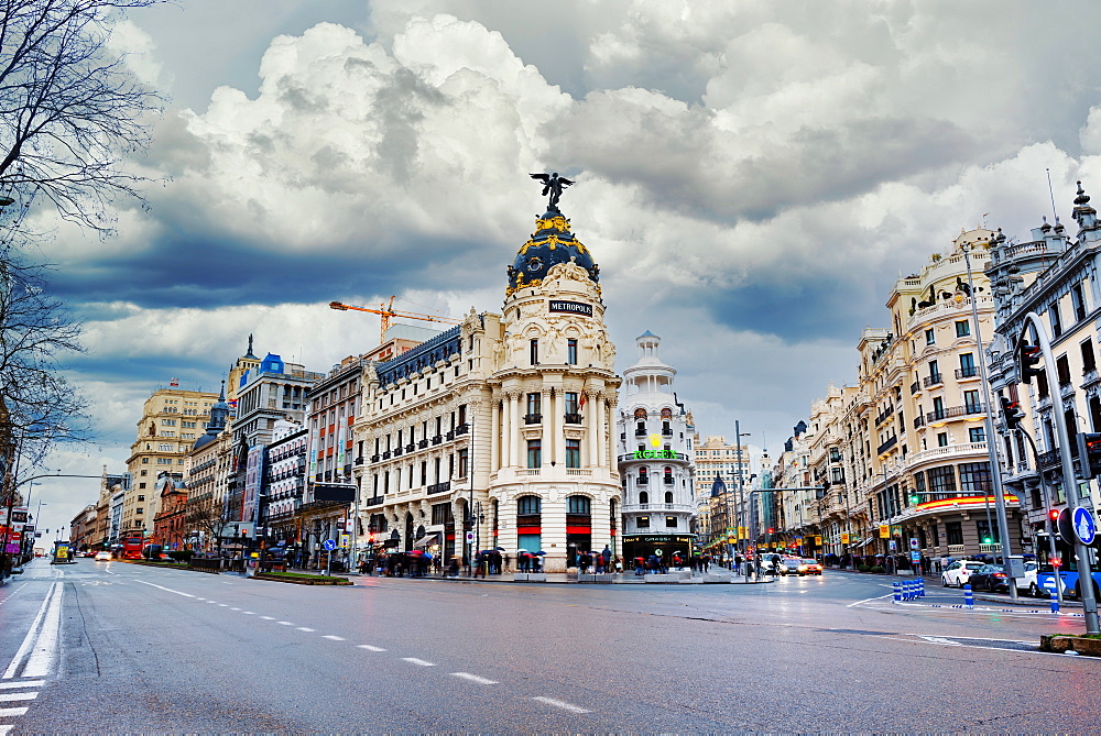 The Famous Edificio Metropolis Building in Madrid City located at Gran Via street, Madrid, Spain, Europe