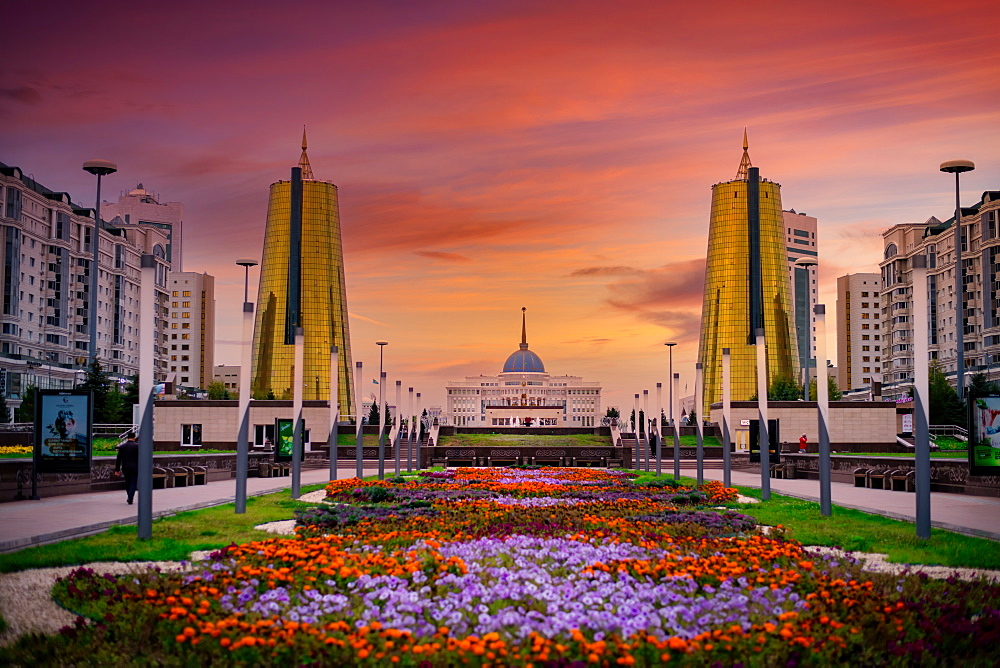 View of The Ak Orda Presidential Palace from Nurzhol Boulevard in Nur-Sultan City, formerly known as Astana, Kazakstan, Central Asia, Asia