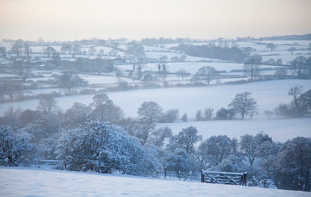 Snow covered landscape, near Almscliff Crag, Wharfe Valley, North Yorkshire, England, United Kingdom, Europe