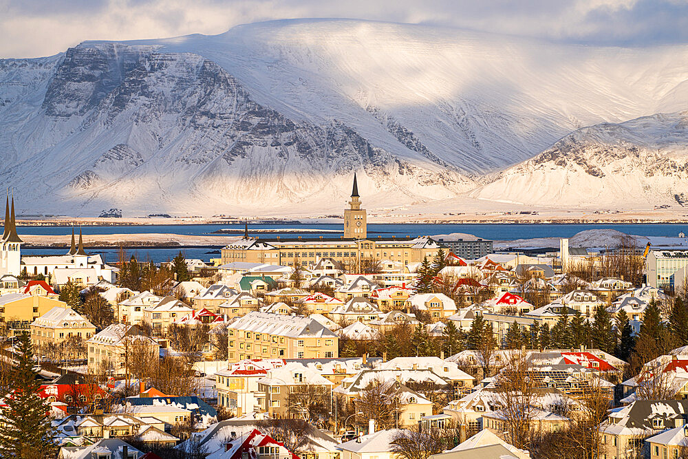 Downtown Reykjavik with mountains in the background, Reykjavik, Iceland, Polar Regions