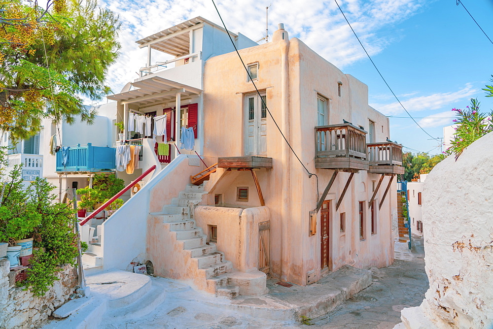 A corner of Mykonos Town with washing out, Mykonos, Cyclades, Greek Islands, Greece, Europe