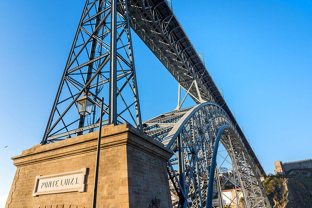 Dom Luis I Bridge looking from below with nameplate, UNESCO World Heritage Site, Porto, Portugal, Europe