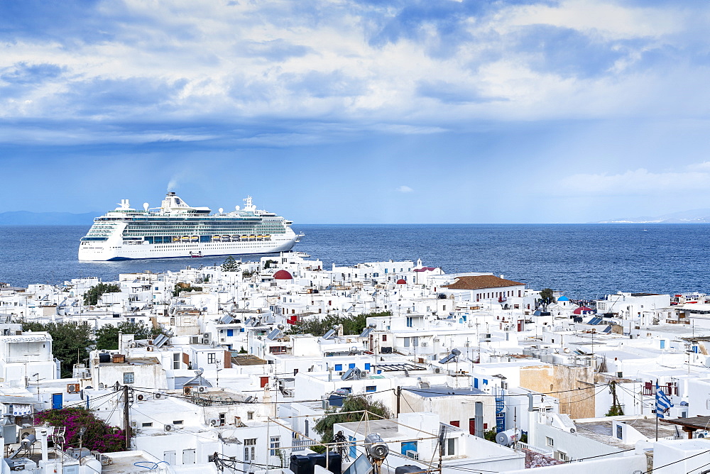 Cruise ship Jewel of the Seas anchored in Mykonos, Cyclades, Greek Islands, Greece, Europe