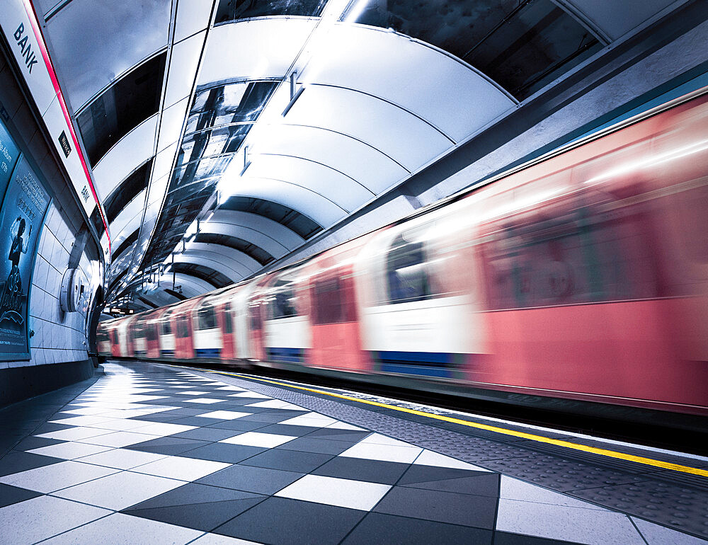 Bank Station capturing motion of the moving train, London, England, United Kingdom, Europe