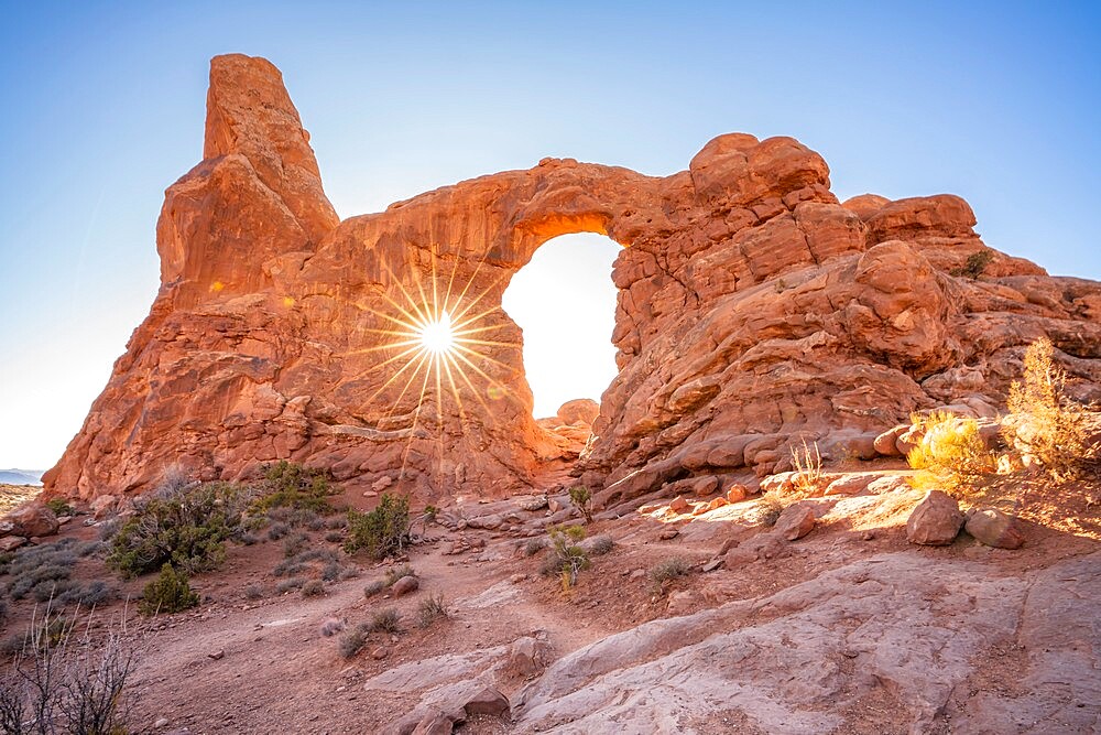 Sunburst through Turret Arch, Arches National Park, Utah, United States of America, North America