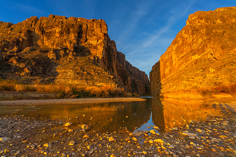 Santa Elena Canyon with golden reflection, Big Bend National Park, Texas, United States of America, North America