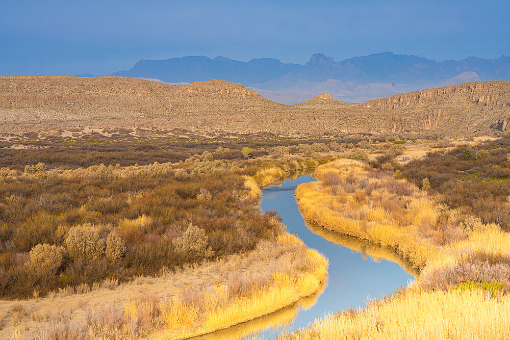 Rio Grande River in golden grasses with Chisos Mountains in background, Big Bend National Park, Texas, United States of America, North America