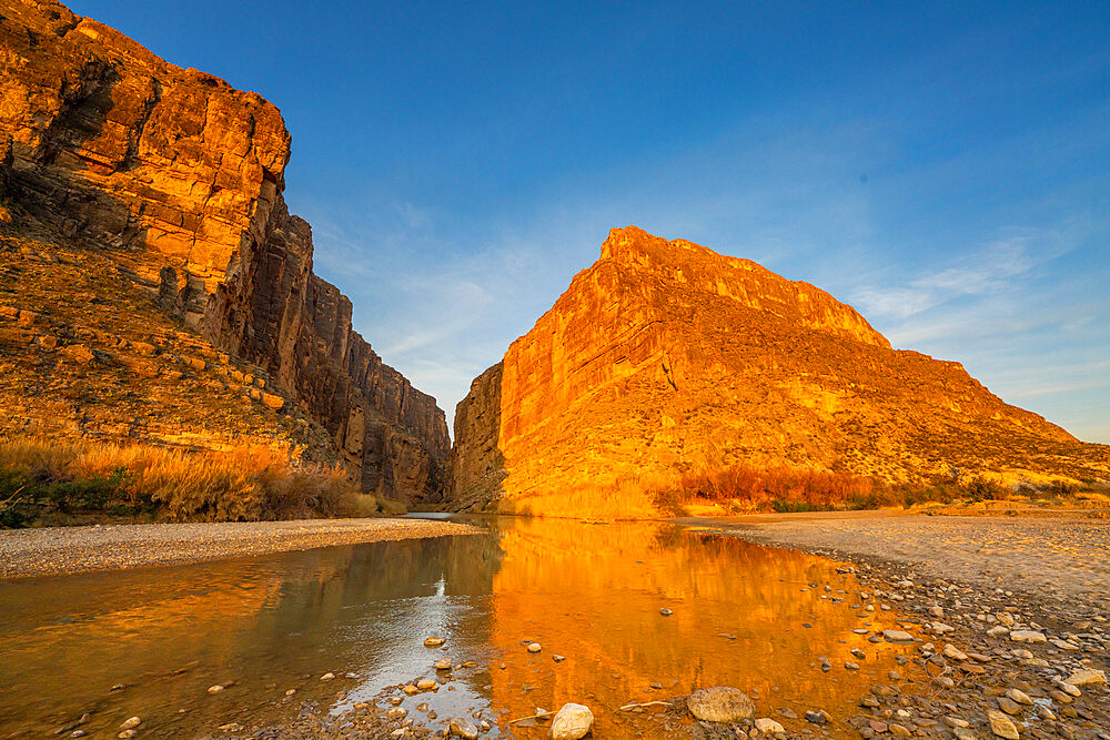 Santa Elena Canyon with golden reflection, Big Bend National Park, Texas, United States of America, North America