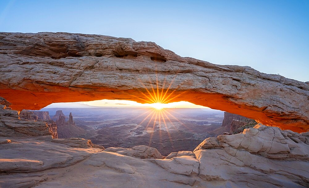 Sunrise at Mesa Arch with sunburst, Canyonlands National Park, Utah, United States of America, North America