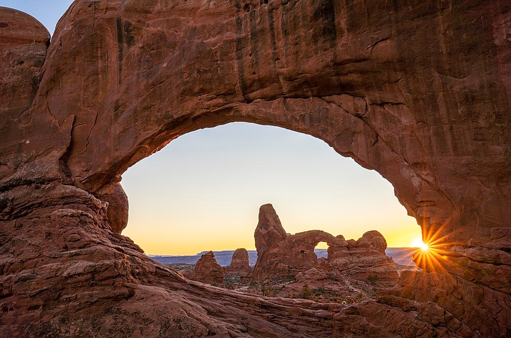 Sunset and Turret Arch view through Windows Arch, Arches National Park, Utah, United States of America, North America