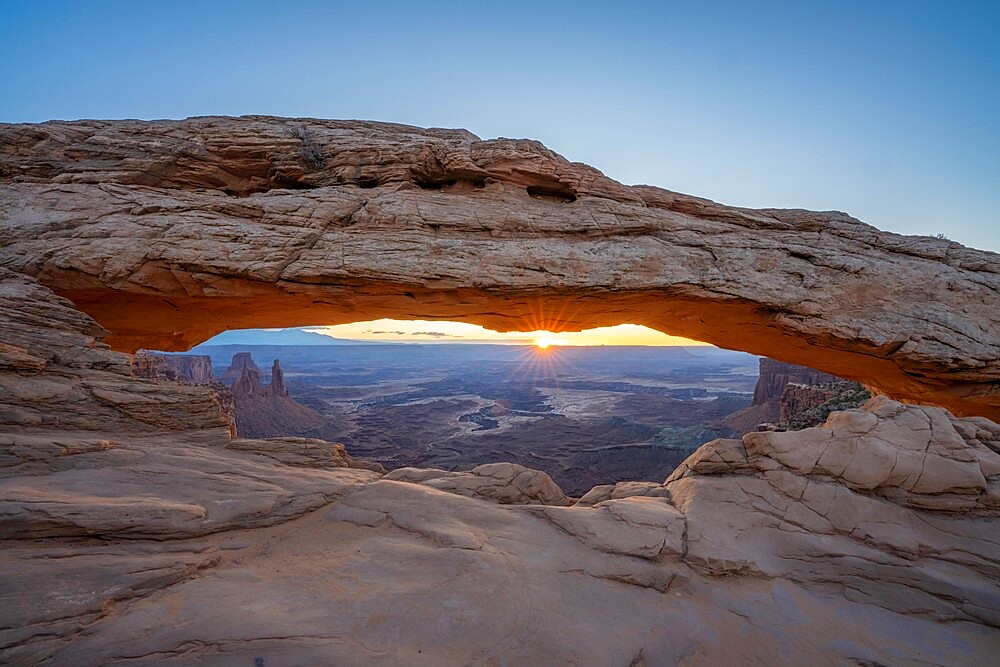 Sunrise at Mesa Arch with sunburst, Canyonlands National Park, Utah, United States of America, North America