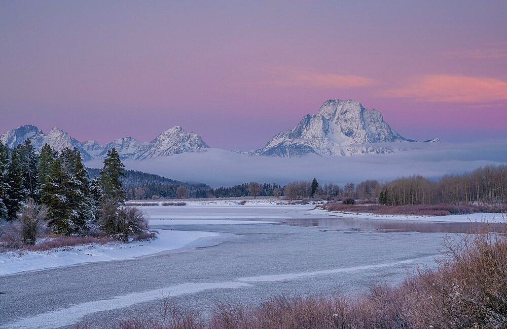 Predawn light at Oxbow Bend with Mount Moran, Grand Teton National Park, Wyoming, United States of America, North America